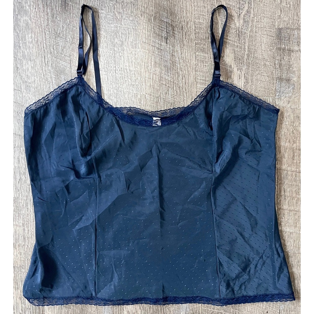 Vintage Barbizon cami textured navy with‎ lace trim size L